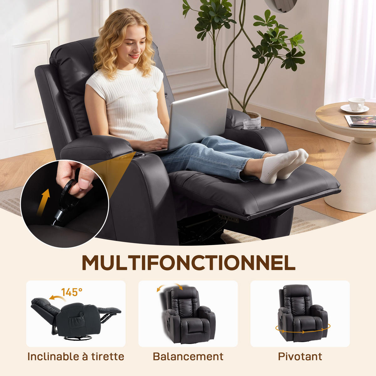 MASSAGESESSEL Braun mit Massagefunktion, Heizfunktion und Liegefunktion 99/82/103 cm - Braun, Leder (99/103/82cm) - PANGIVO
