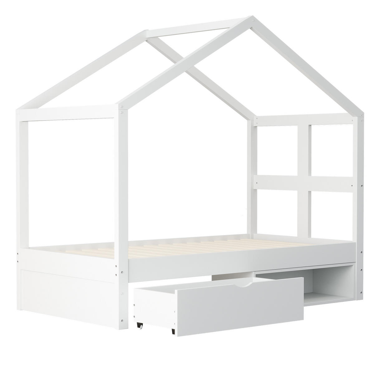 HAUSBETT 90/190 cm DE-01554, in Weiß, mit Schubladen, Schuhschrank und LED-Beleuchtung - Weiß, Holzwerkstoff (90/190cm) - ComfortXL