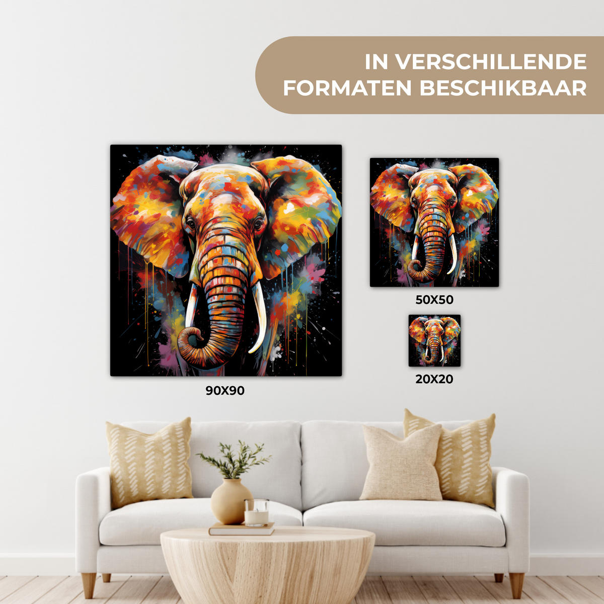 LEINWANDBILD Elefant - Graffiti - Schwarz - Tiere - Farben Wandbild Wohnzimmer 50x50 cm - Schwarz, Textil (50/50cm) - MuchoWow
