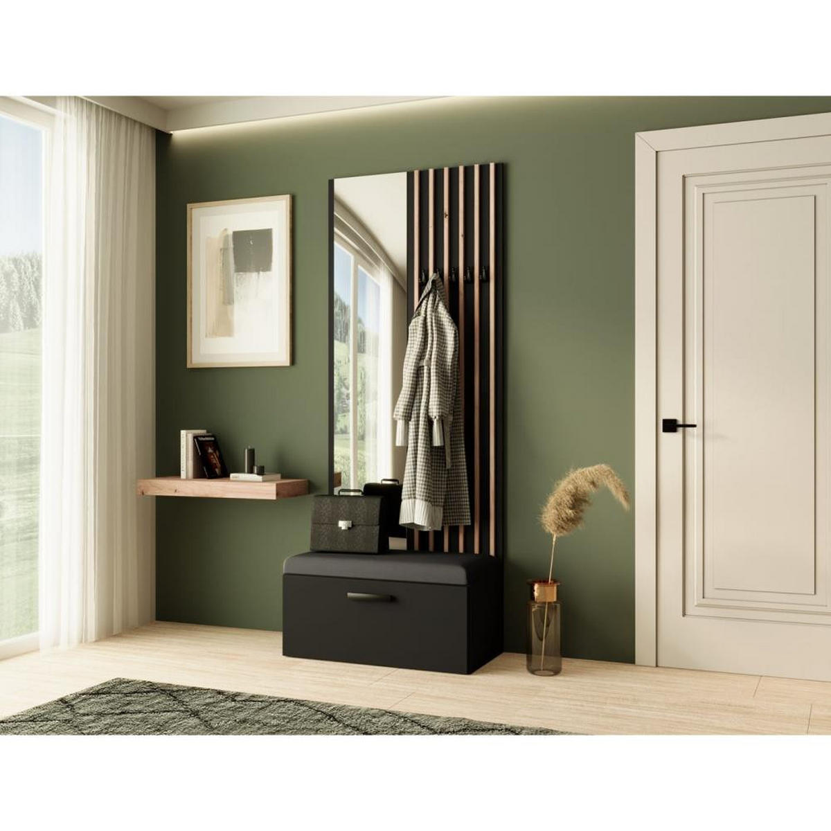 GARDEROBE Margaret II 81/203/43 mit Lamellen und Spiegel - Schwarz/Eiche Artisan, Holzwerkstoff/Kunststoff (81/203/43cm) - Beautysofa