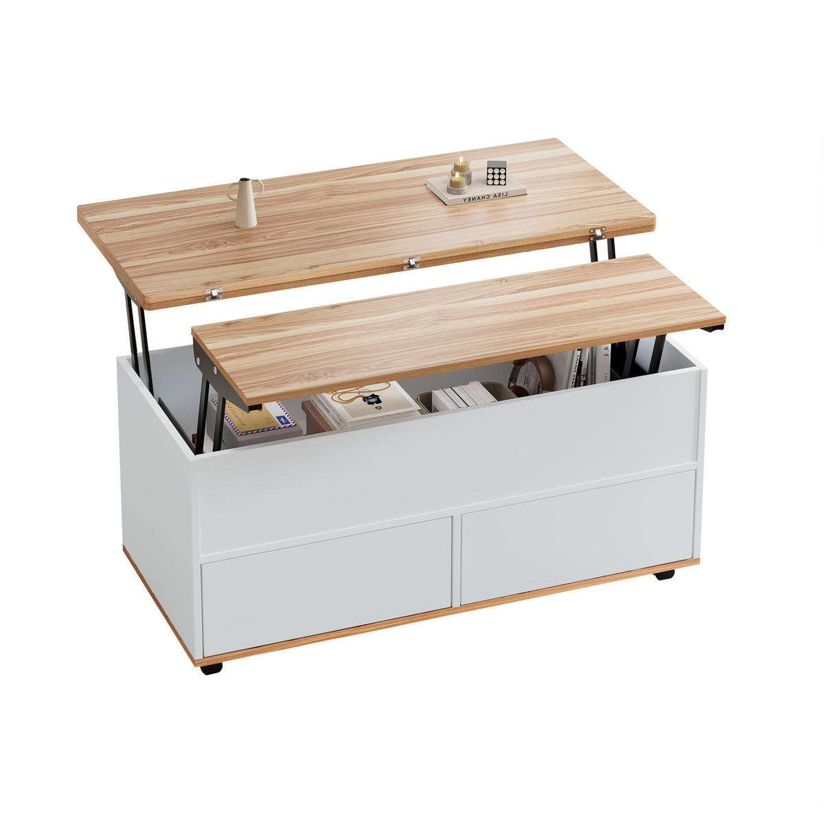 COUCHTISCH 100/98/65 cm höhenverstellbar mit Stauraum und Rollen - Weiß, Holzwerkstoff (100/98/65cm) - Flora Grace
