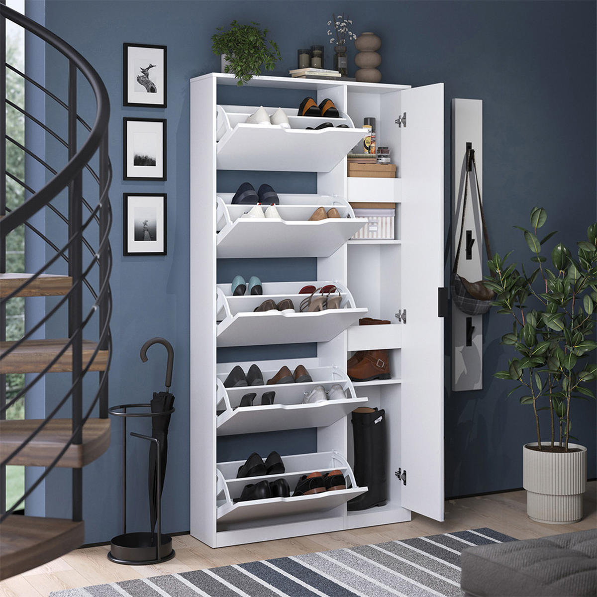 SCHUHKIPPER Luca, Weiß, 90 x 180.5 cm mit 5 Kippfächern & Spiegel - Weiß, Holzwerkstoff (90/180.5/22cm) - Vicco