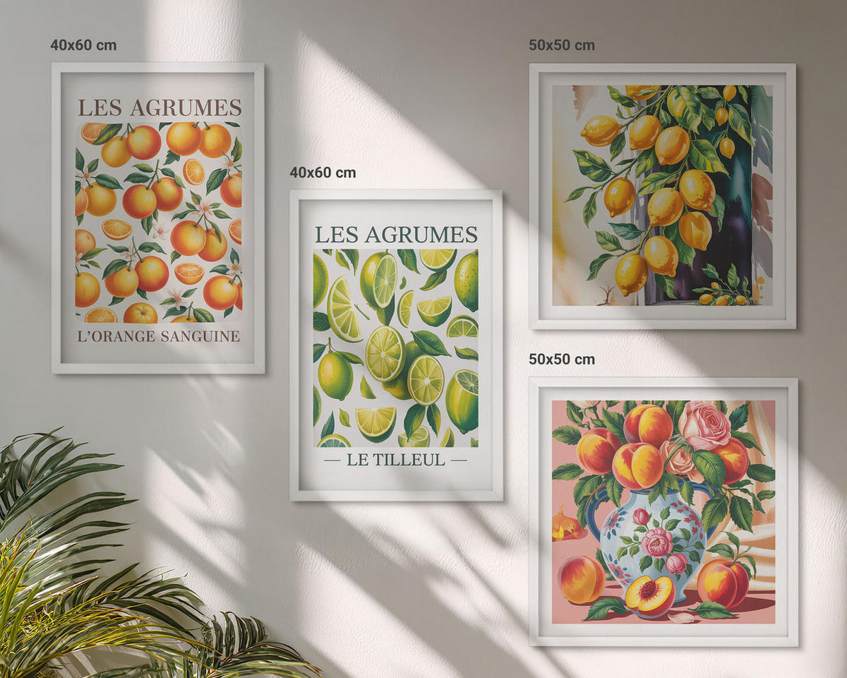 WANDBILDER 4er-Set - 50x50 cm & 40x60 cm Weißer Rahmen - Frische, farbenfrohe Zitrusfrüchte - Weiß, Kunststoff (50/50cm) - ArtPrintCave