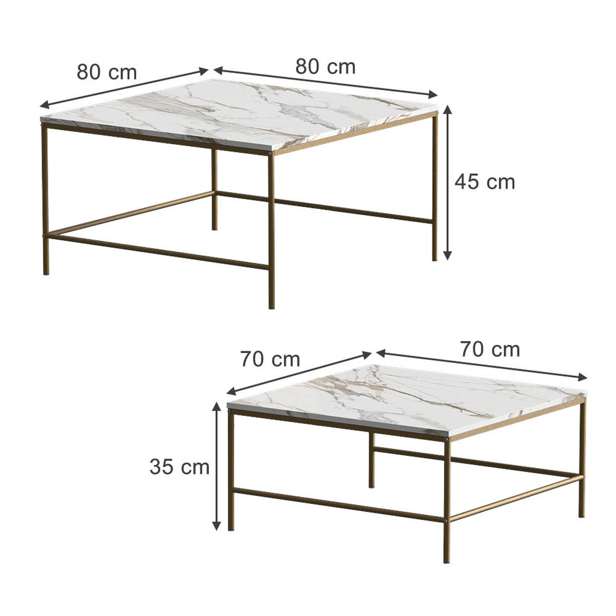 COUCHTISCH-SET Ramio Weiß/Gold 80 x 80 cm 2 Teile - Goldfarben/Weiß, Holzwerkstoff (80/80/45cm) - Vicco