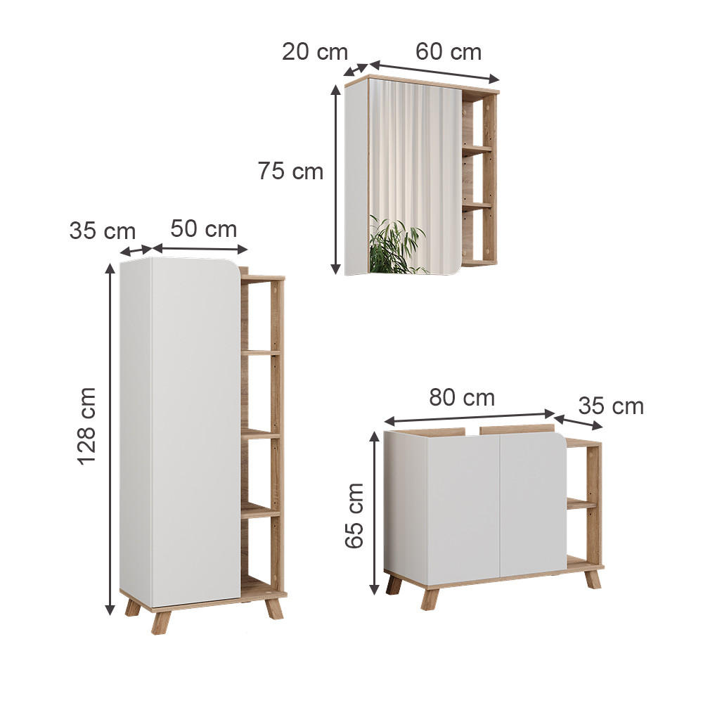 BADMÖBEL-SET Karen Sonoma/Weiß 3 Teile - Weiß/Sonoma Eiche, Holzwerkstoff (80/65/35cm) - Vicco
