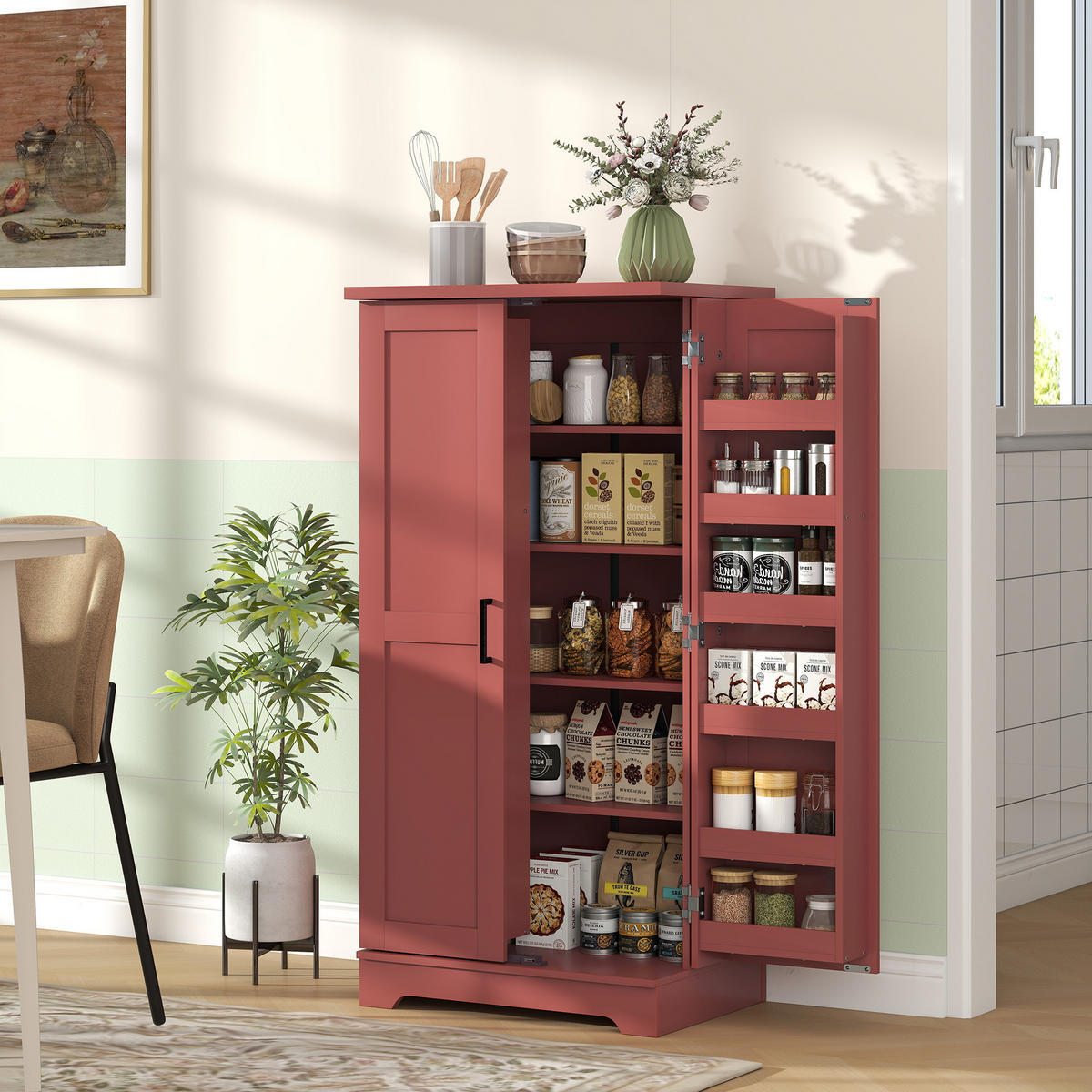 SIDEBOARD DE-11317 5 Ebenen, verstellbare Böden & Türregale Rot - Rot, Holzwerkstoff (60/120/40cm) - ComfortXL