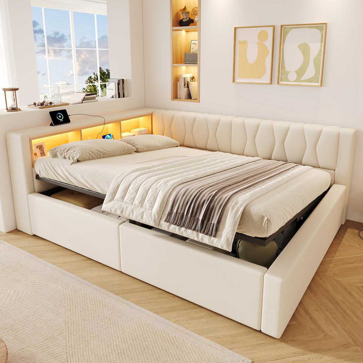 TAGESBETT 140x200cm Schlafsofa Hydraulik LED USB Beige - Beige, Naturmaterialien (140/200cm) - FLIEKS