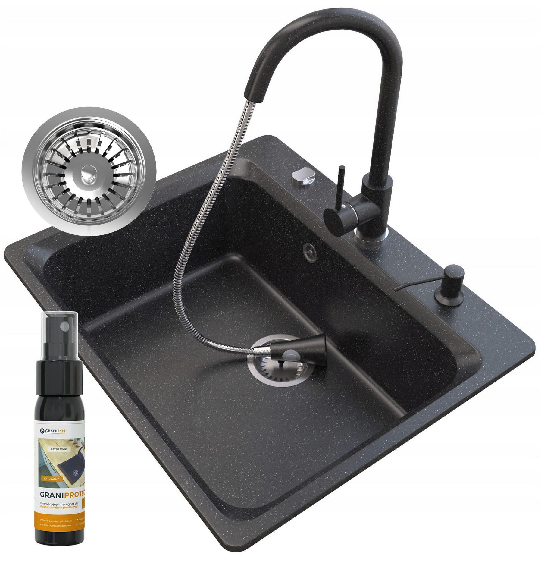 GRANITSPÜLE Zante mit Siphon Batterie - Schwarz, Kunststoff/Stein (62/53/20cm) - Granitan