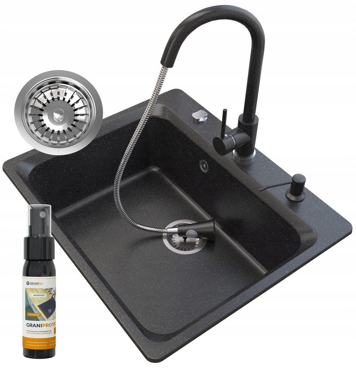 GRANITSPÜLE Zante mit Siphon Batterie - Schwarz, Kunststoff/Stein (62/53/20cm) - Granitan