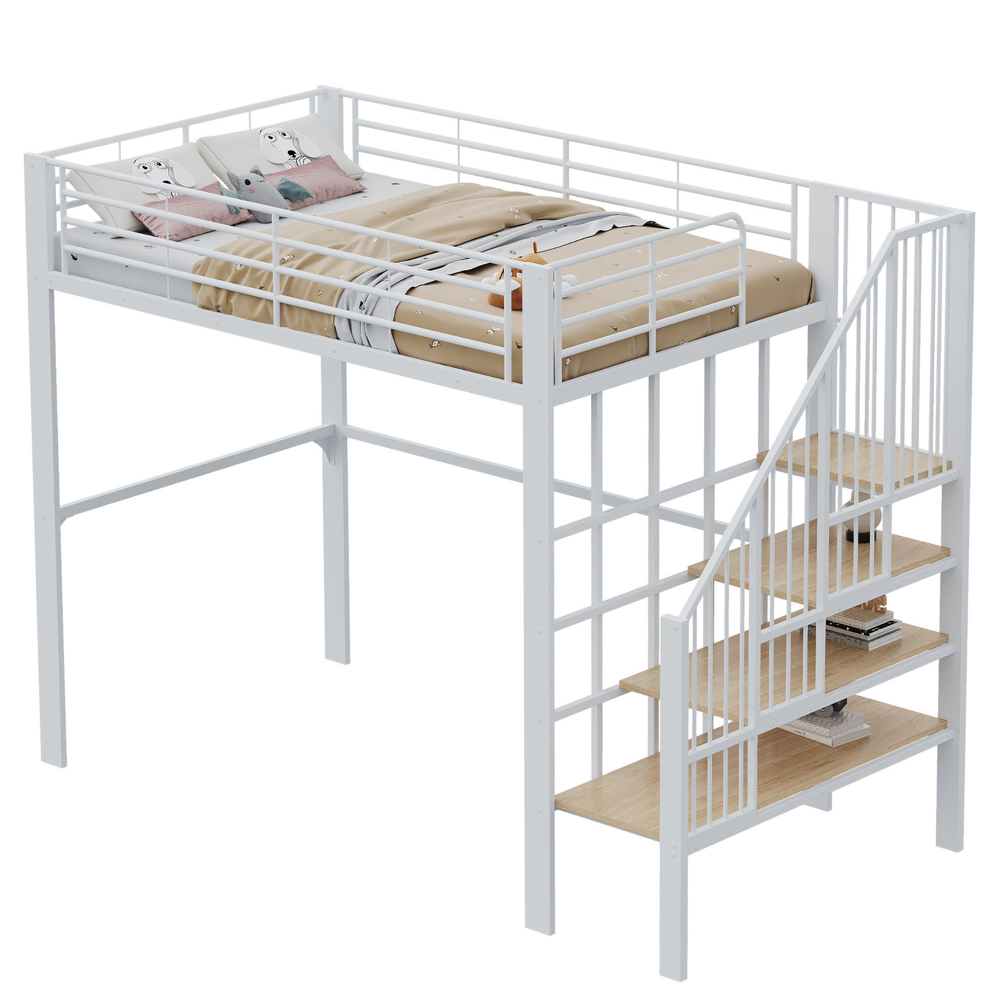 HOCHBETT 140/200 cm Weiß aus Metall und Holz mit Treppe - Weiß, Metall (140/200cm) - OKMYHOME