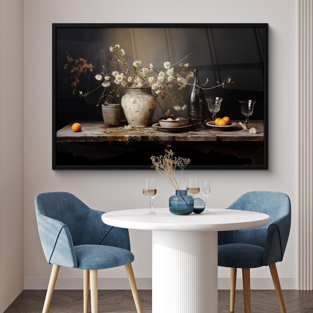 POSTER MIT RAHMEN Stilleben - Blumen - Blumenstrauß - Vase - Wein 120x80 cm - Schwarz, Papier (120/80cm) - MuchoWow