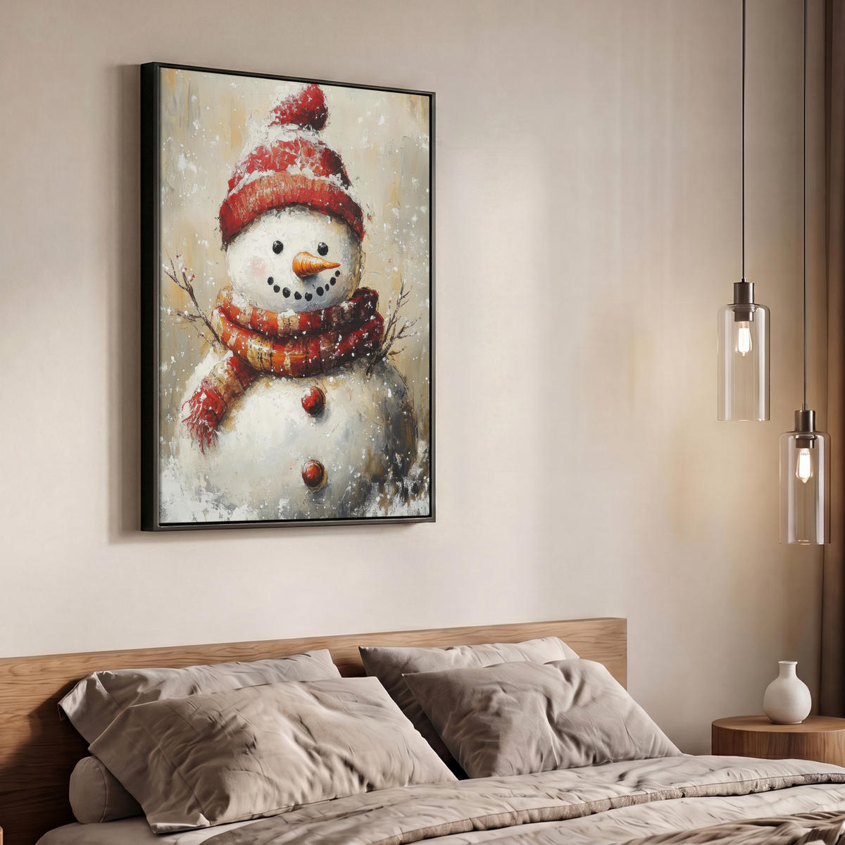 LEINWAND Bilder mit Rahmen - Schneemann - Winter - Schnee - Beige - 70x100 - Weiß, Textil (70/100cm) - MuchoWow