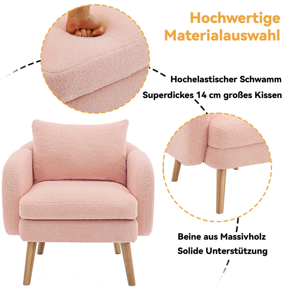 KŘESLO 71/72/71 cm růžové z teddy sametu s polštářem a silným sedákem - růžová, textil (72/71/71cm) - OKWISH