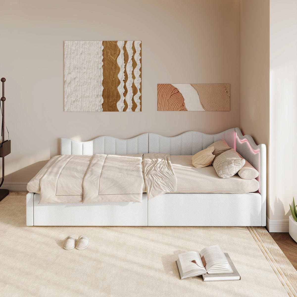 KINDERBETT 90×200 cm Bouclé-Stoff Weiß – Bett mit LED-Beleuchtung - Weiß, Holz