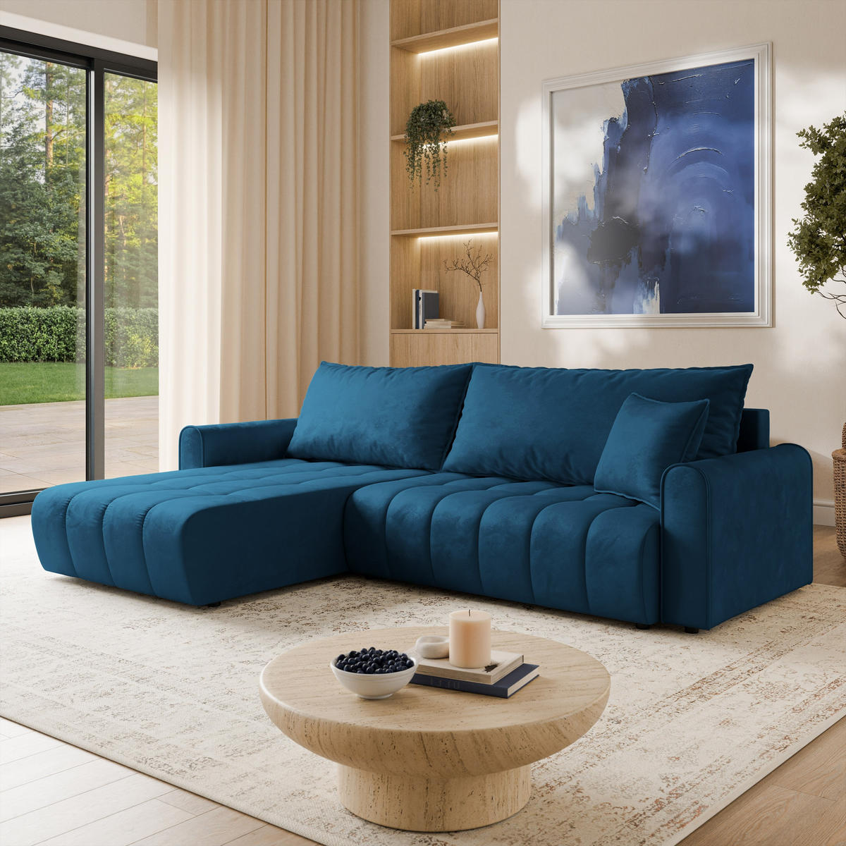 ECKSOFA FRIGA Blau Velours-Stoff mit Schlaffunktion - Blau, Holz (283/185cm) - MASSENO