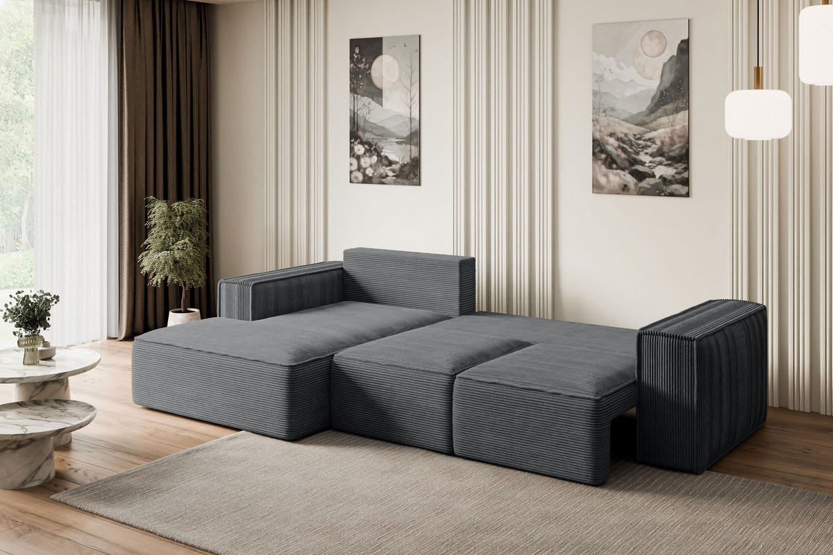 ECKSOFA mit Schlaffunktion und Bettkasten SERRA-L-S - 266x161x87 cm Duneklgrau Cord - Dunkelgrau/Schwarz, Holzwerkstoff/Kunststoff (266/161cm) - ALTDECOR