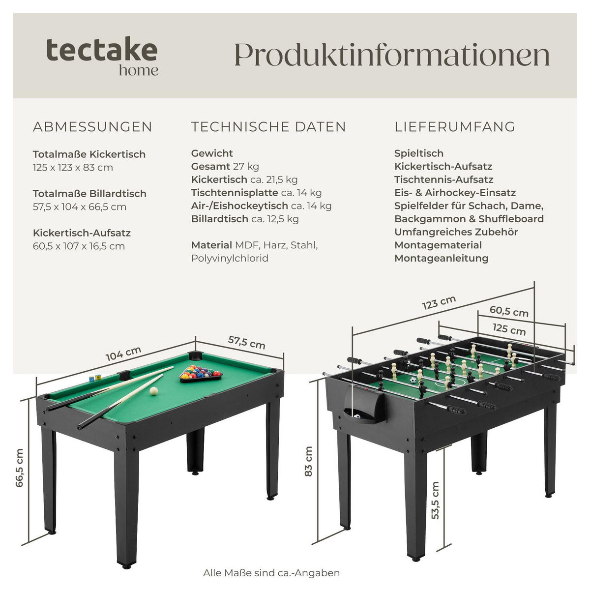 MULTIFUNKTIONALER SPIELTISCH Sirgamealot, 125 x 123 x 83 cm, schwarz/grün - Schwarz/Grün, Holz (125/123cm) - tectake