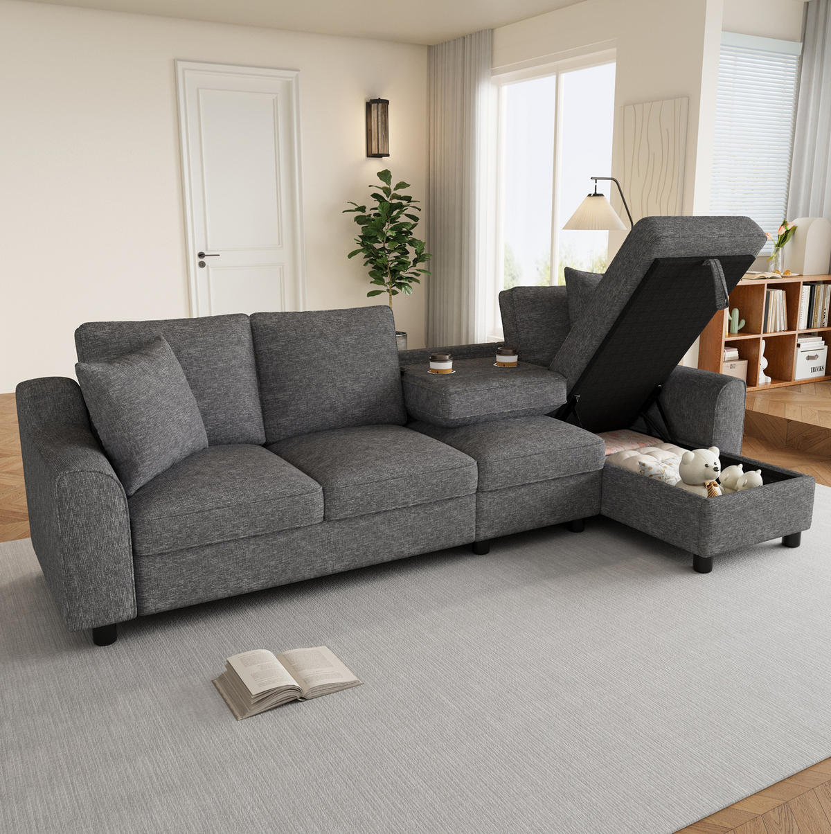 ECKSOFA 280/136/82 cm grau aus Chenille mit Stauraum und Getränkehaltern - Grau, Textil (136/280cm) - OKWISH