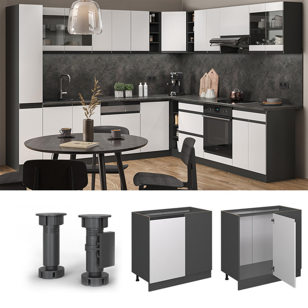ECKUNTERSCHRANK R-Line Weiß 86 cm AP Marmor - Anthrazit/Weiß, Holzwerkstoff (86/81.6/60cm) - Vicco