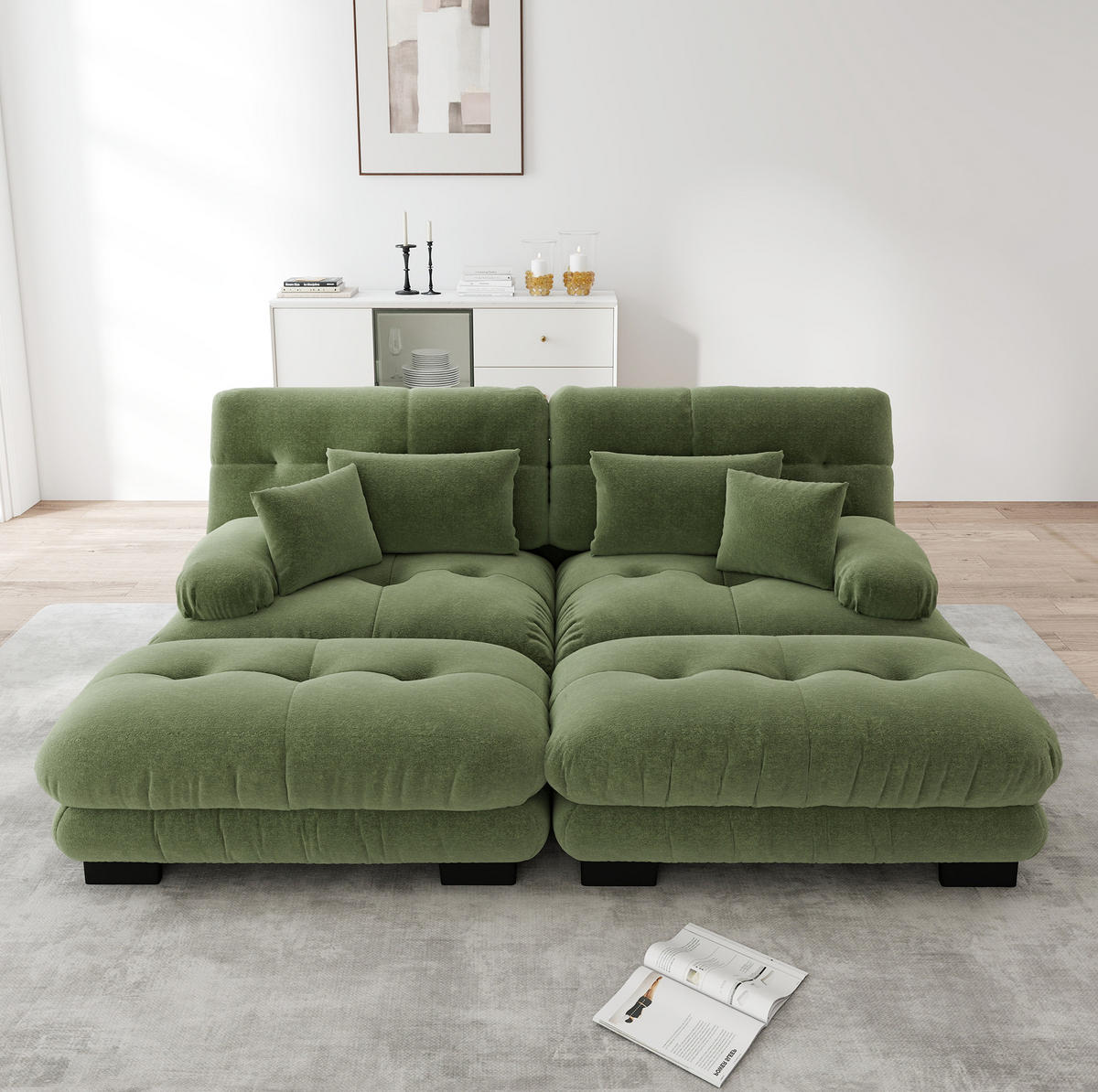 ECKSOFA 220/145/81 cm grün aus Chenille mit modularem Design, 2 Ottomanen und Kissen - Grün, Textil (145/220cm) - OKWISH