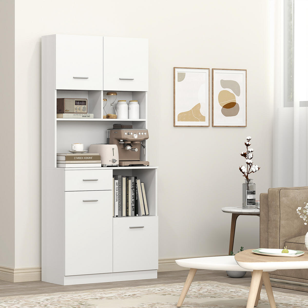 KÜCHENSCHRANK Hochschrank mit verstellbaren Regalen Schublade Weiß - Silberfarben/Weiß, Holzwerkstoff/Metall (35/180/80cm) - HOMCOM