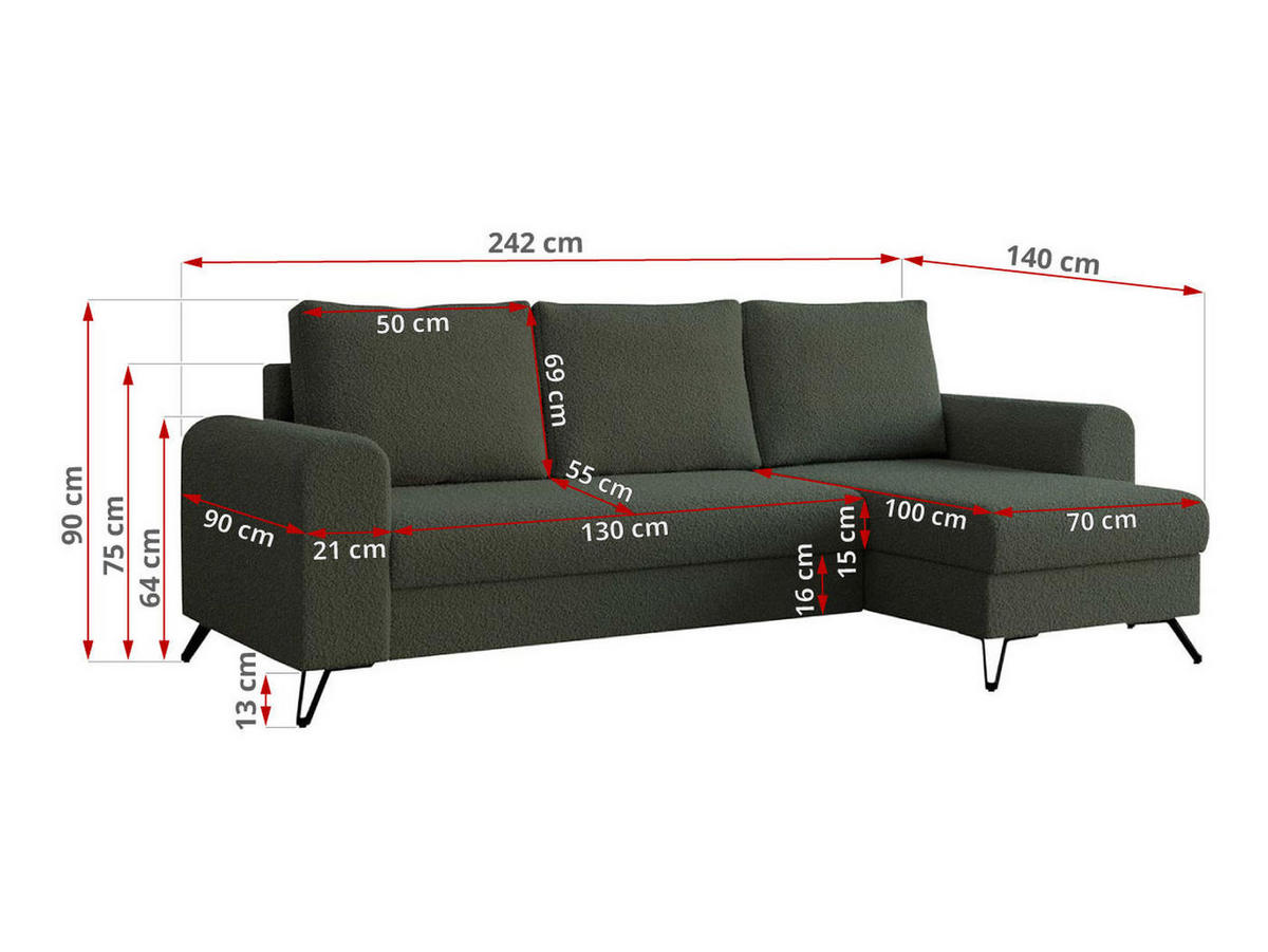 ECKSOFA Hugo Boucle Grün - Schwarz/Grün, Textil/Metall (242/140cm) - MKS
