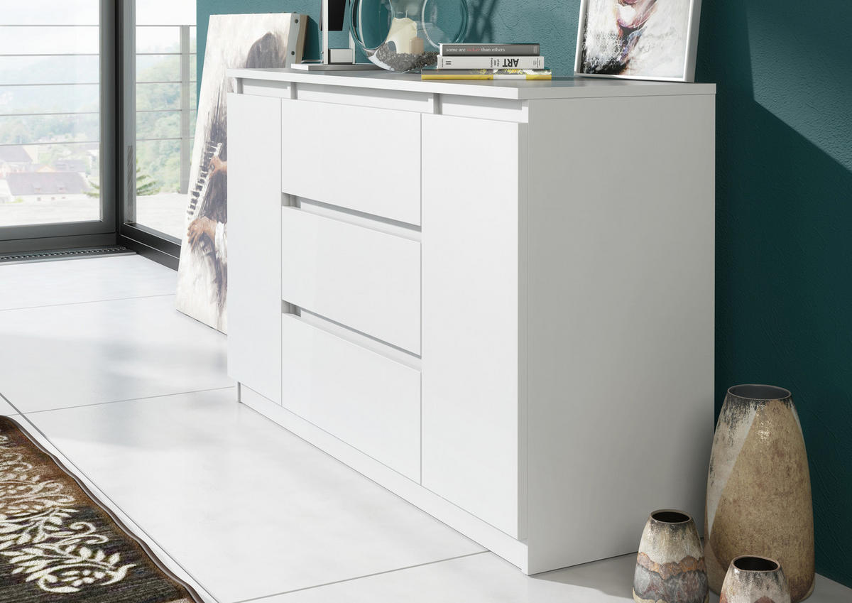 KOMMODE NUDO 138,5/78,2/39cm mit 3 Schubladen 2 Türen Weiß - Weiß, Holzwerkstoff (138.5/78.2/39cm) - MASSENO