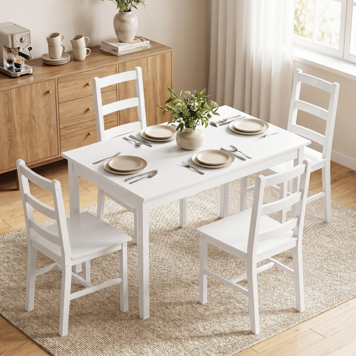 ESSGRUPPE mit 1 Tisch und 4 Stühlen Weiß 118.0/73.0/75.0 cm - Weiß, Holz (73/75/118cm)