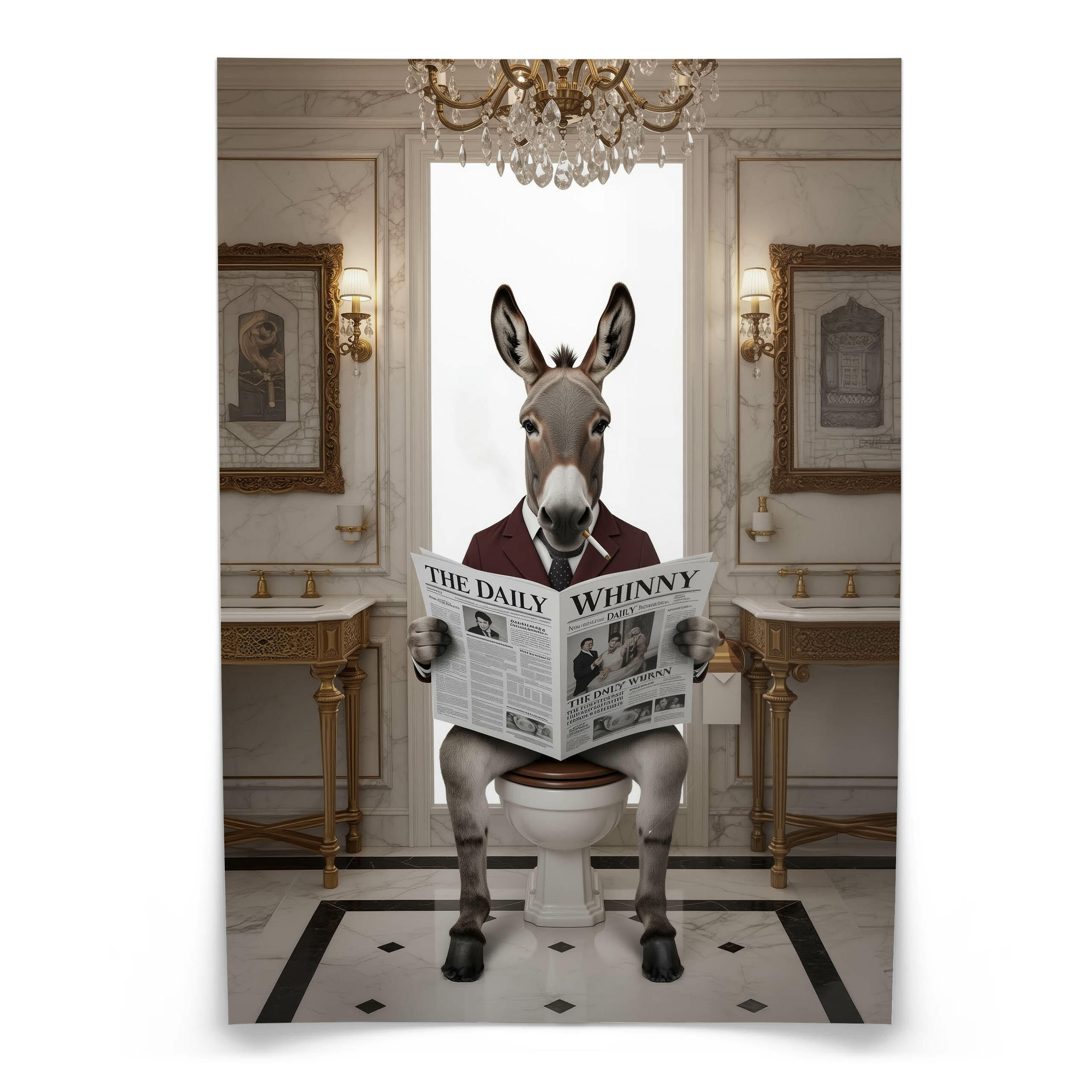 POSTER für Badezimmer WC ESEL im Anzug auf Toilette mit Zeitung Glamour 20x30cm - Beige/Schwarz, Papier (20/30/30cm) - Muralo
