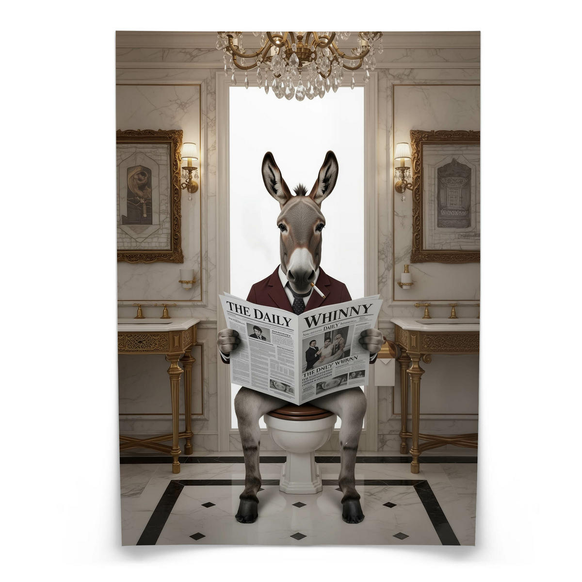 POSTER für Badezimmer WC ESEL im Anzug auf Toilette mit Zeitung Glamour 50x70cm - Beige/Schwarz, Papier (50/70/70cm) - Muralo