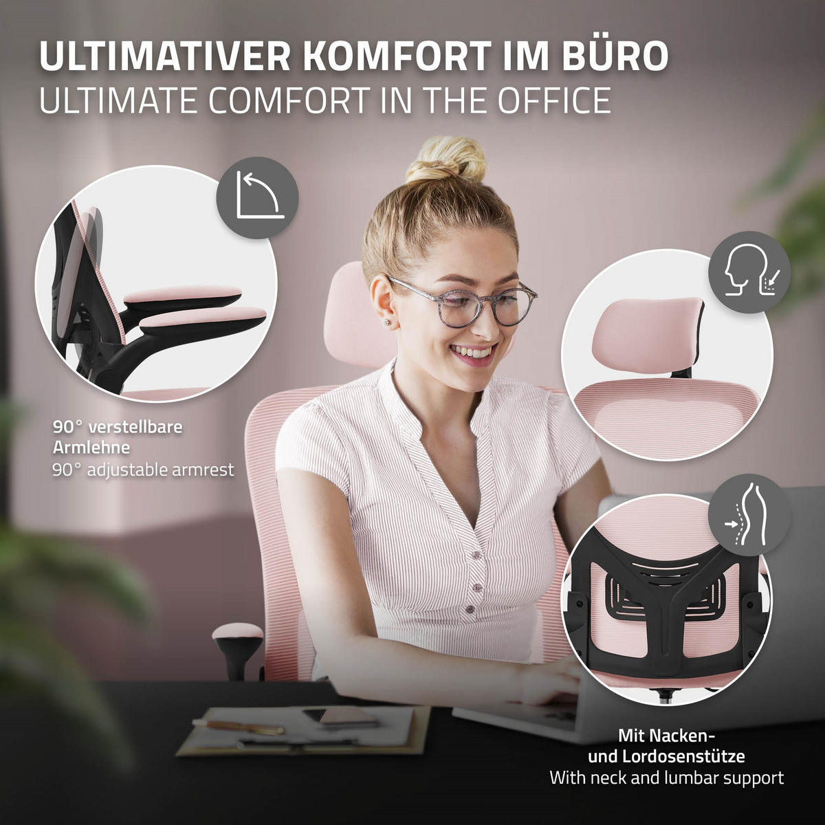 SCHREIBTISCHSTUHL Ergonomic rosa - Pink, Kunststoff (60.5/121/60cm) - ML-DESIGN