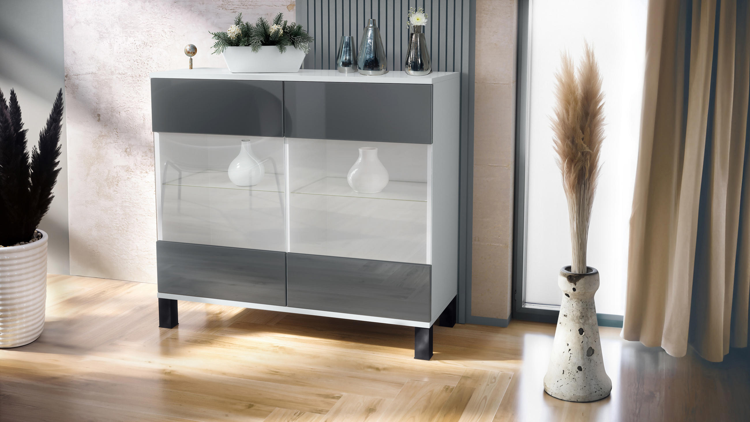 KOMMODE Bari Grau Hochglanz - Grau, Holzwerkstoff (92.5/84.5/35cm) - Vladon