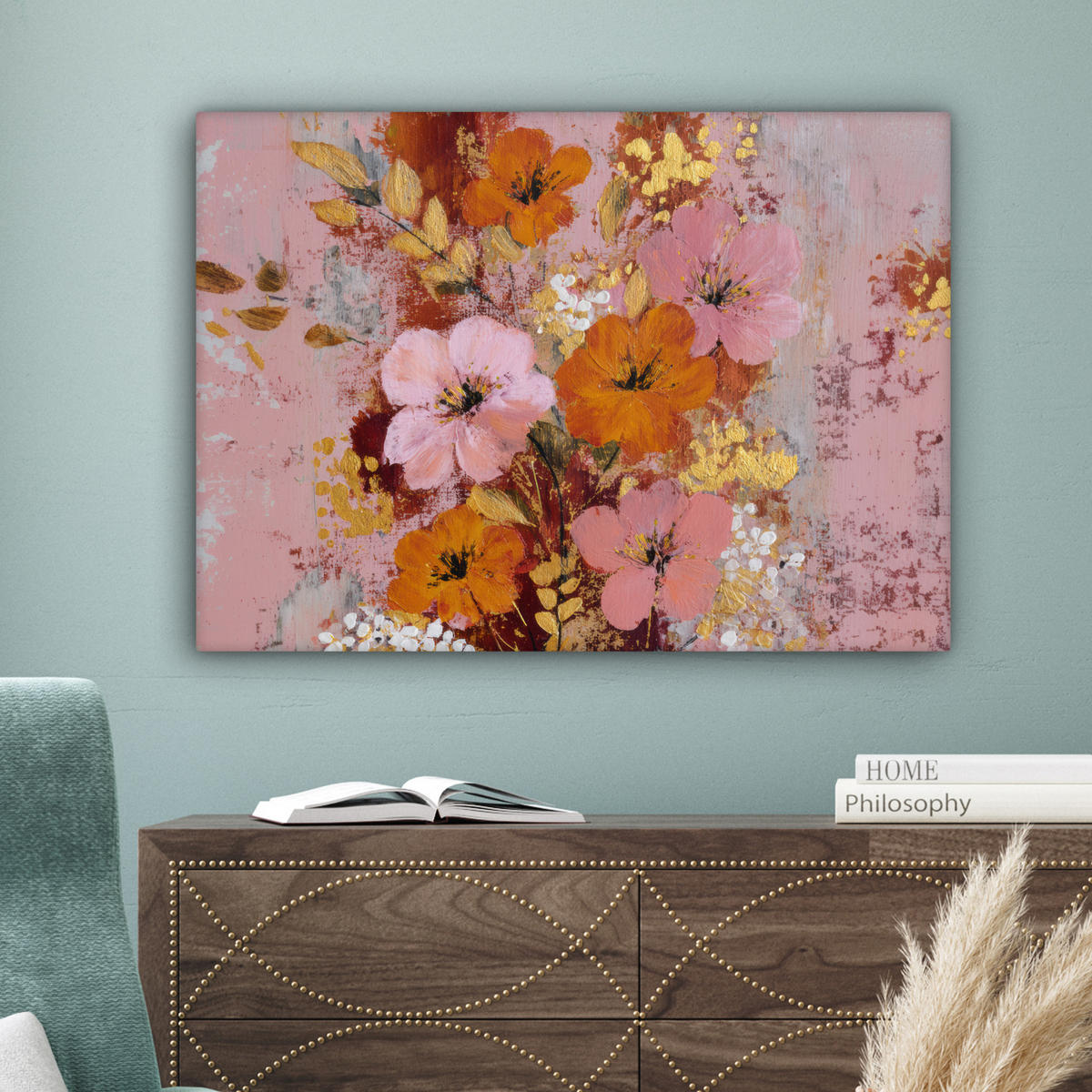 LEINWANDBILD Malerei - Blumen - Rustikal - Rosa Wandbilder 80x60 cm - Altrosa, Textil (80/60cm) - MuchoWow