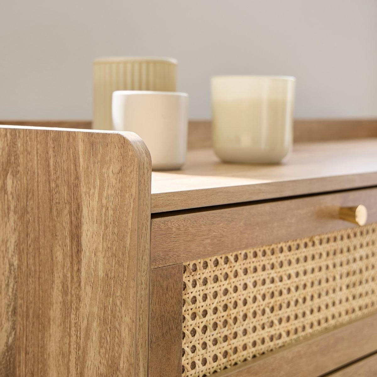 KOMMODE mit 6 schubladen mit fronten aus natürlichem rattan - PALMO 120/39/79 cm - Apfelbaumfarben, Holzwerkstoff (39/79/120cm) - Calicosy