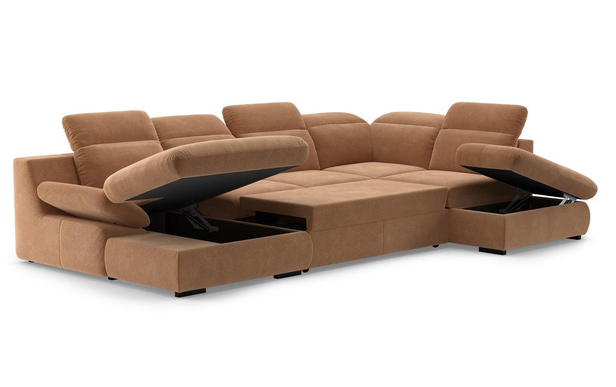 WOHNLANDSCHAFT mit Schlaffunktion und Bettkasten, verstellbare Kopflehnen - Cognac/Schwarz, Kunststoff/Textil (218/80/341cm) - Cotta