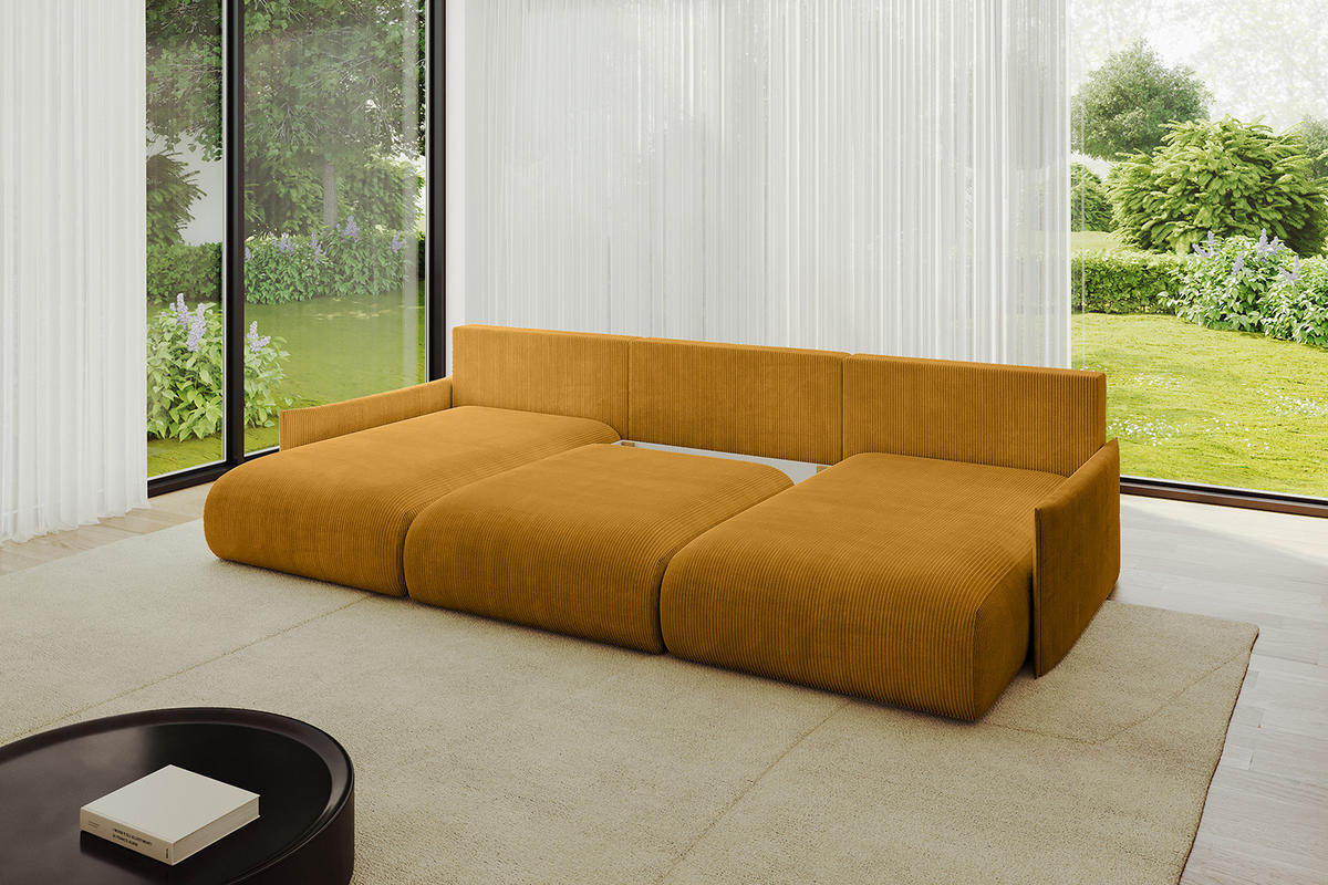 WOHNLANDSCHAFT mit Schlaffunktion und Bettkasten ONESK-U-v1 304x165x40 Senfgelb Cord - Currygelb, Holzwerkstoff/Kunststoff (304/90/165cm) - ALTDECOR