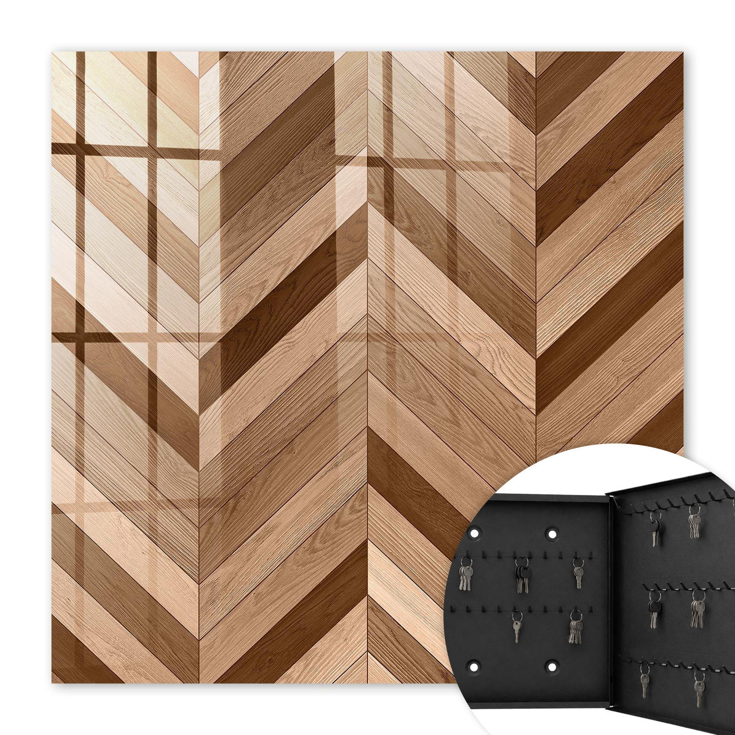 SCHLÜSSELBOX Schwarz 30x30 cm- Türöffnung nach rechts - Holz-Fischgrätmuster - Braun, Metall (30/30/5cm) - TULUP