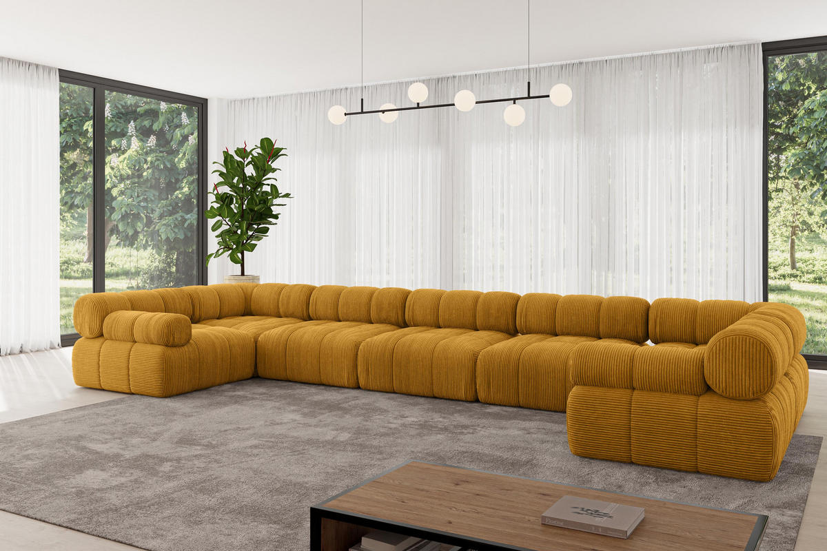 WOHNLANDSCHAFT modulares Sofa Birno-U3 - 475x190x70 cm Senfgelb Cord - Currygelb, Holzwerkstoff/Textil (475/70/190cm) - ALTDECOR