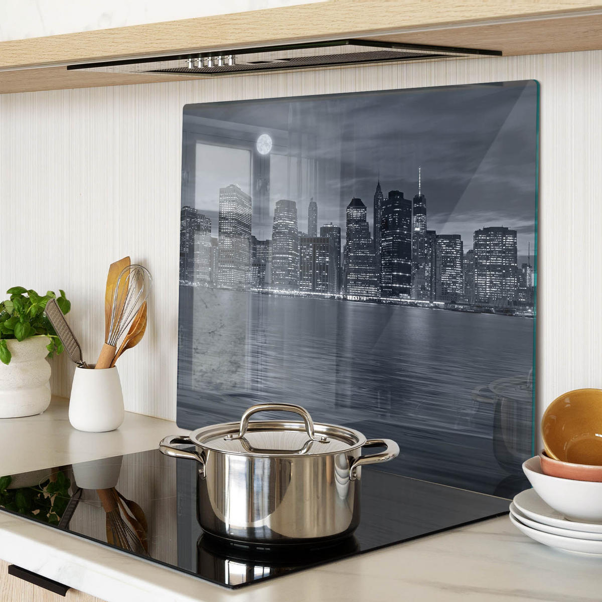 GLASPLATTE 60x52 cm New York bei Nacht - Schwarz, Glas (60/0.4/52cm) - TULUP