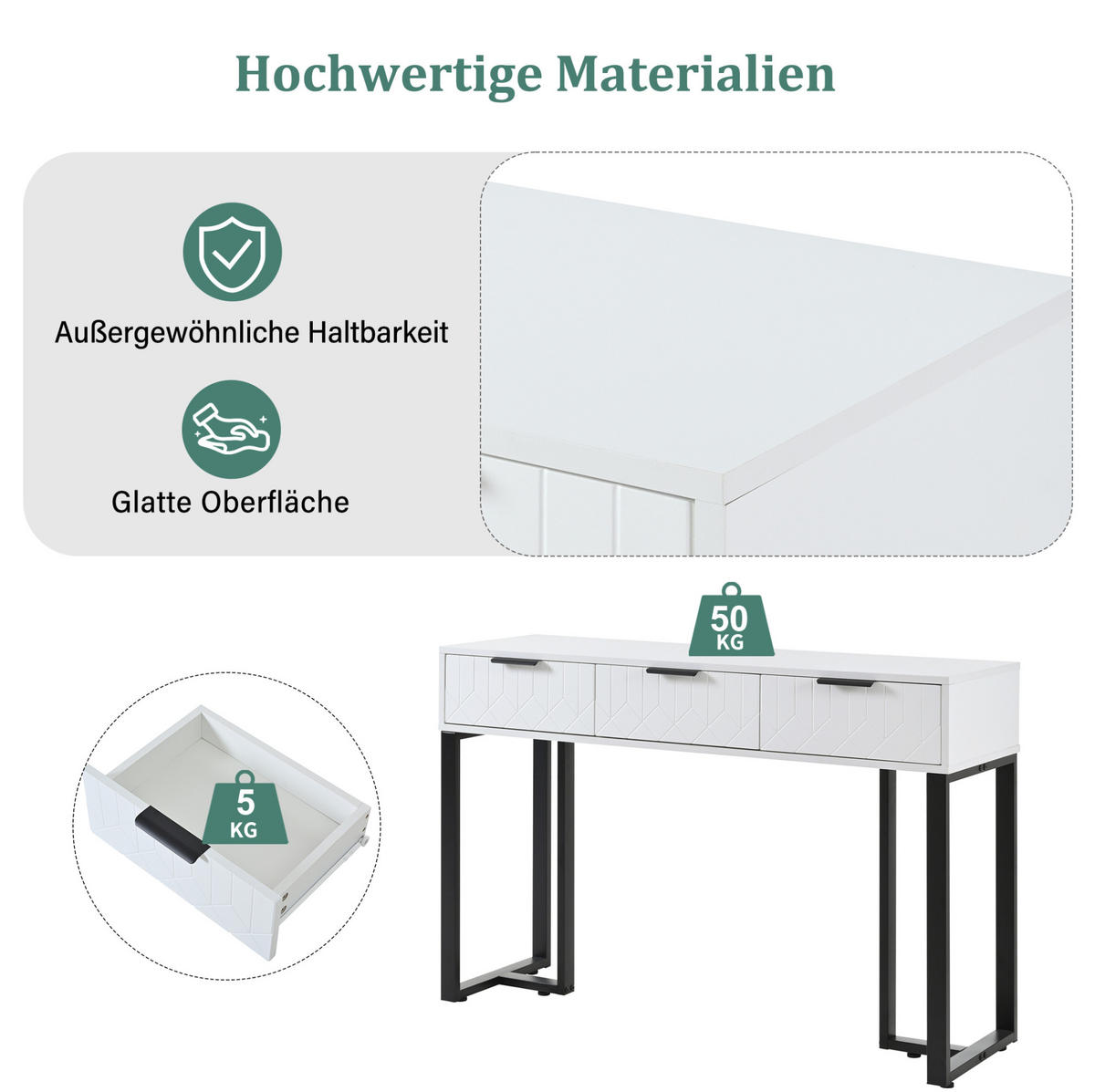 KONSOLENTISCH in Weiß/Schwarz mit Schubladen und goldfarbenem Metallgestell,120/36/80 cm - Schwarz, Holzwerkstoff (120/36/80cm) - Flora Grace
