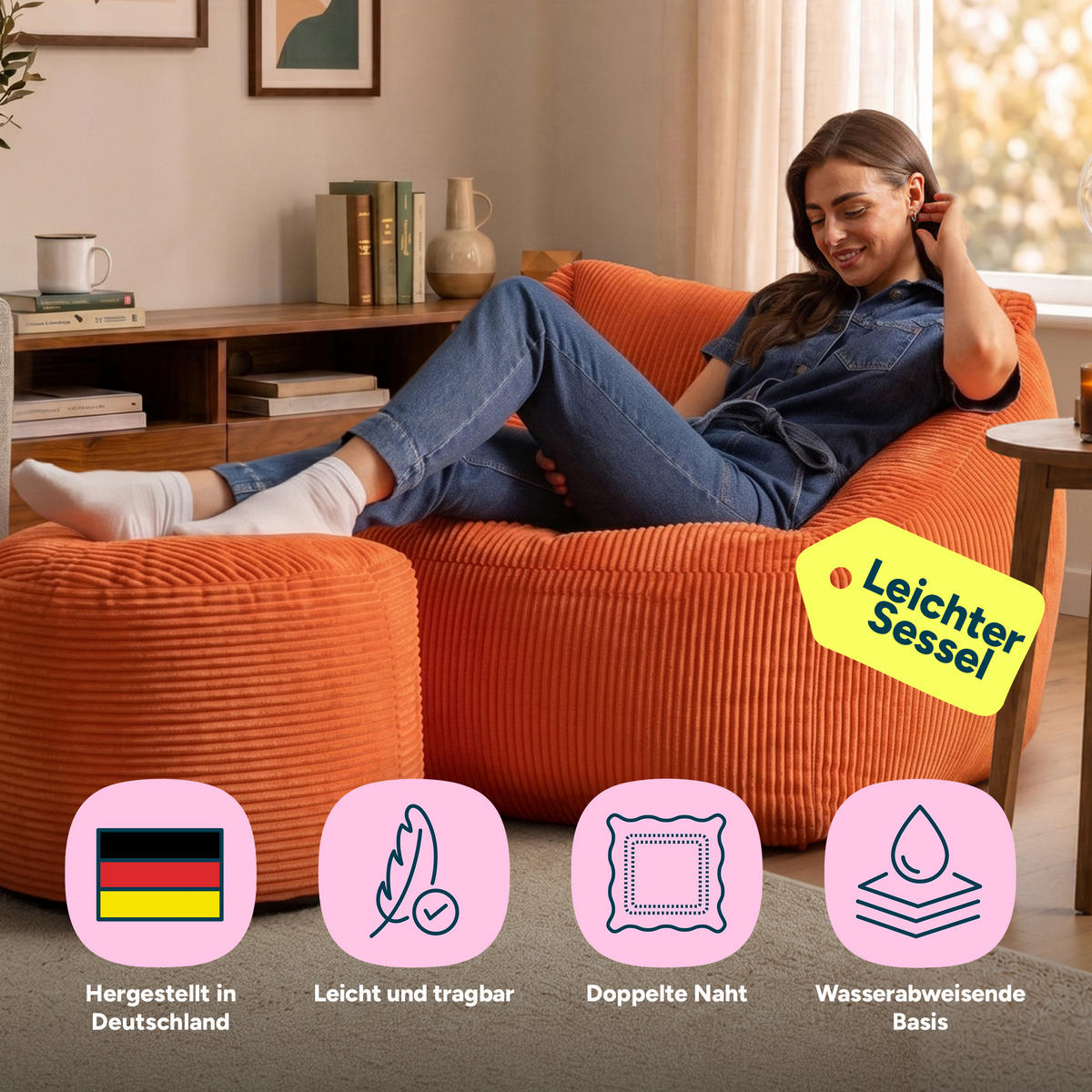 SITZSACK Sessel Natalia mit Sitzpouf - Terracotta, Textil (97/73/84cm) - icon