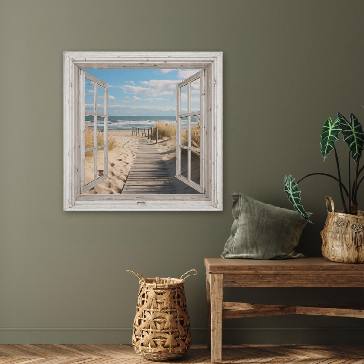 AKUSTIKBILD Fenster - Meer - Küste - Natur - Ausblick - Strand - Wattenmeer Akustikpaneele 80x80 cm - Beige, Kunststoff (80/80/0.9cm) - MuchoWow