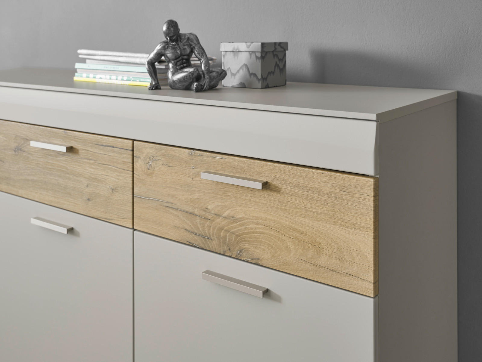 Thumbnail - Furn.Design Sideboard, Grau, Eiche, Metall, Nachbildung,Eiche, Uni, Holz Optik, 4 Fächer, 4 Schubladen, Sockel, 200x85x4...