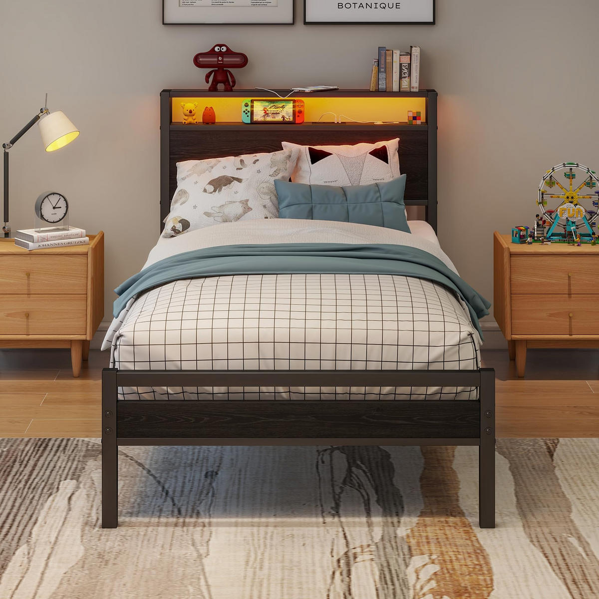 BETT 90/200 cm DE-33031 mit USB und LED-Beleuchtung Schwarz - Schwarz, Metall (90/200cm) - ComfortXL