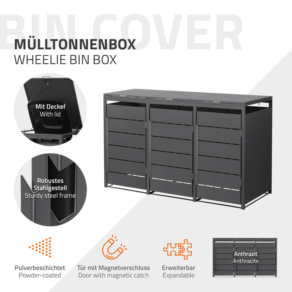 MÜLLTONNENBOX 3er 240L 196x80x120 cm Anthrazit aus Stahl wetterfest - Anthrazit, Metall (80/120/196cm) - ML-DESIGN