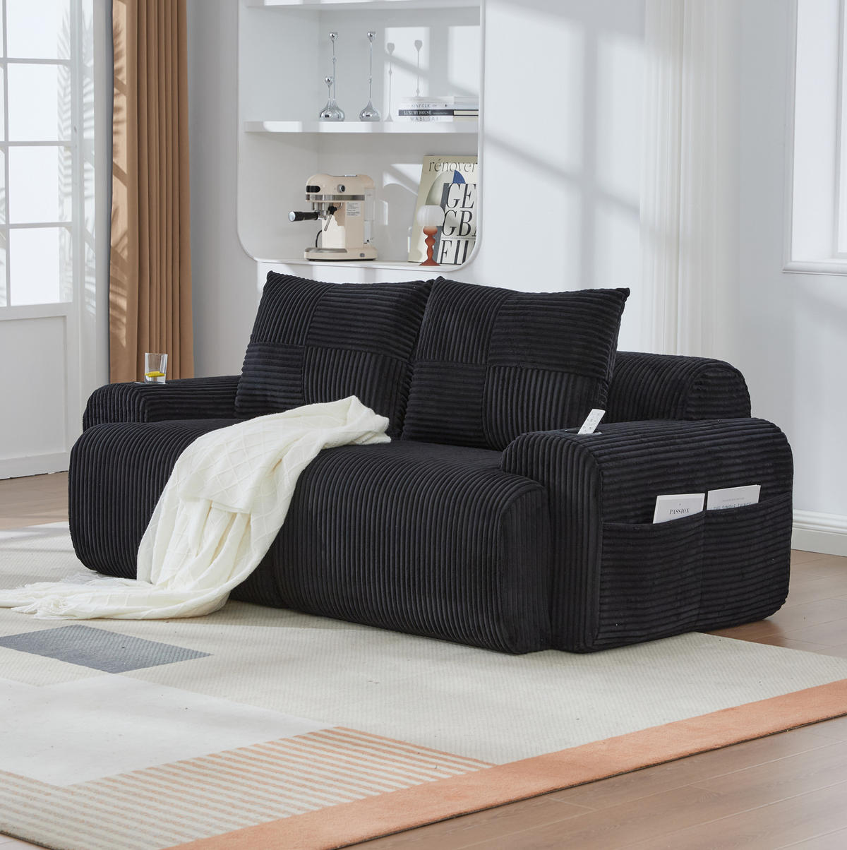 2-SITZER Sofa aus Cord 200x99x80 cm in Schwarz mit Cupholder & Seitentasche - Schwarz, Textil (99/80/200cm) - Modfu