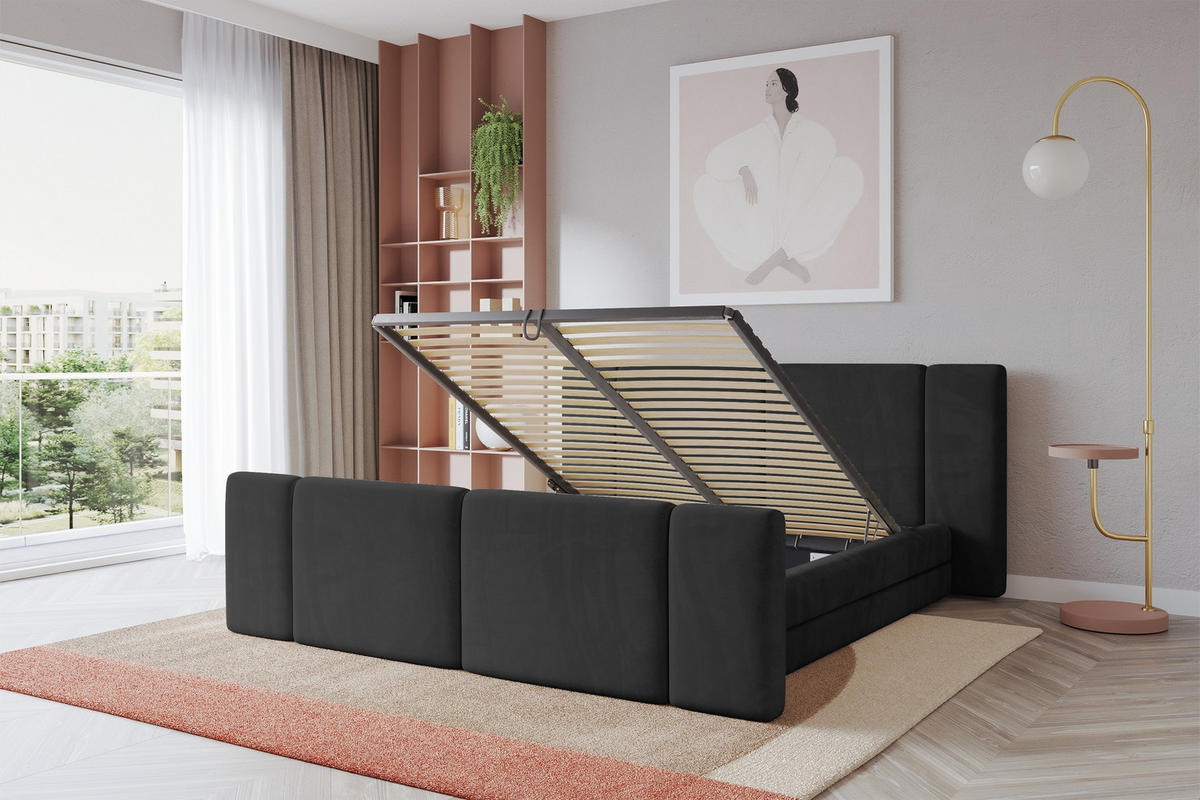 POLSTERBETT mit Bettkasten, Fußteil und Lattenrost, Bett mit Matratze H3/H4 - TEVO-Z 180x200 Schwarz - Schwarz, Holzwerkstoff/Textil (180/200cm) - ALTDECOR
