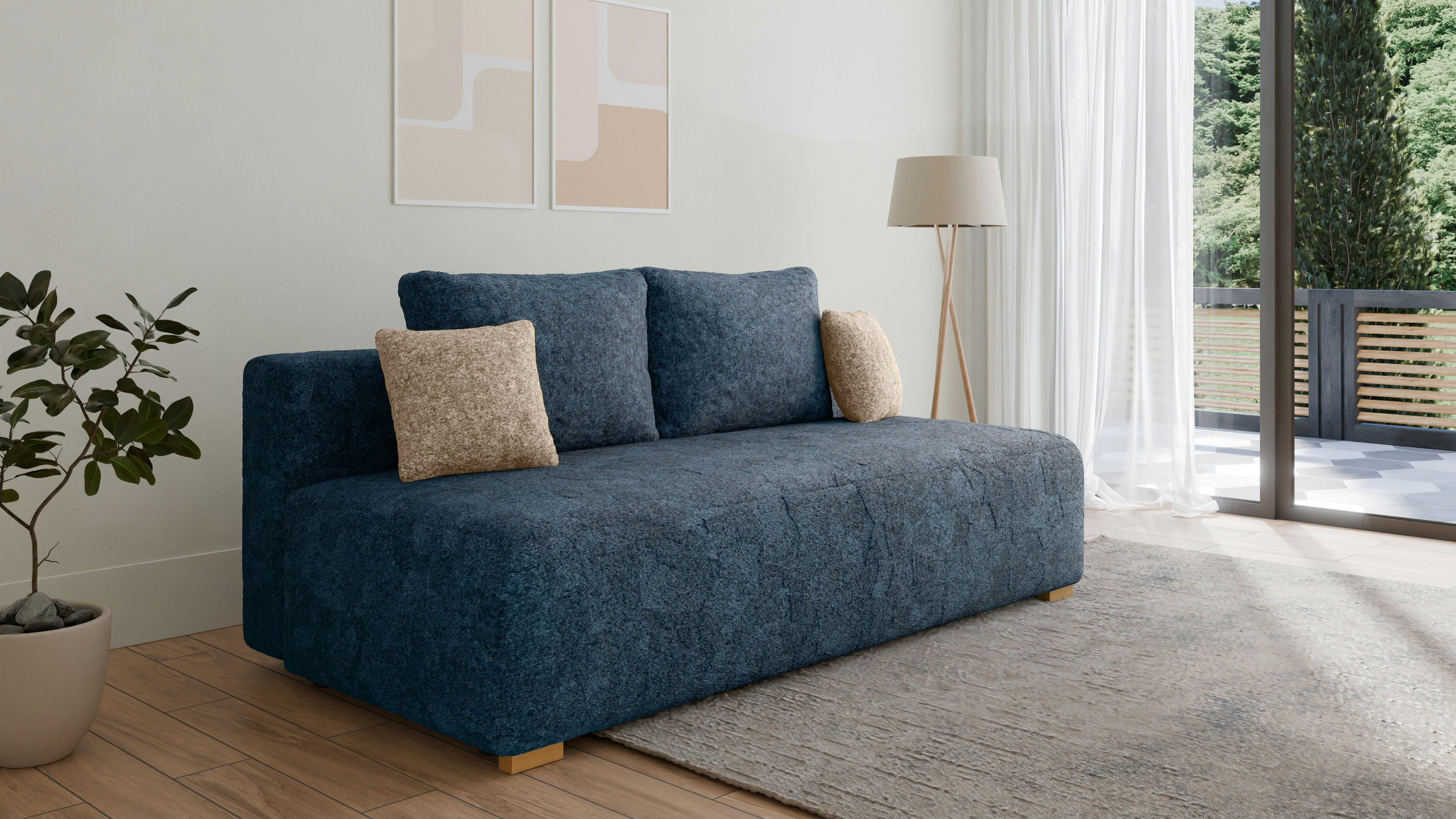 SCHLAFSOFA - Polstersofa aus Bouclé - Dunkelblau (Arena 22 + Arena 2 Kissen) - Beige/Dunkelblau, Holzwerkstoff (200/90/100cm) - Möblo