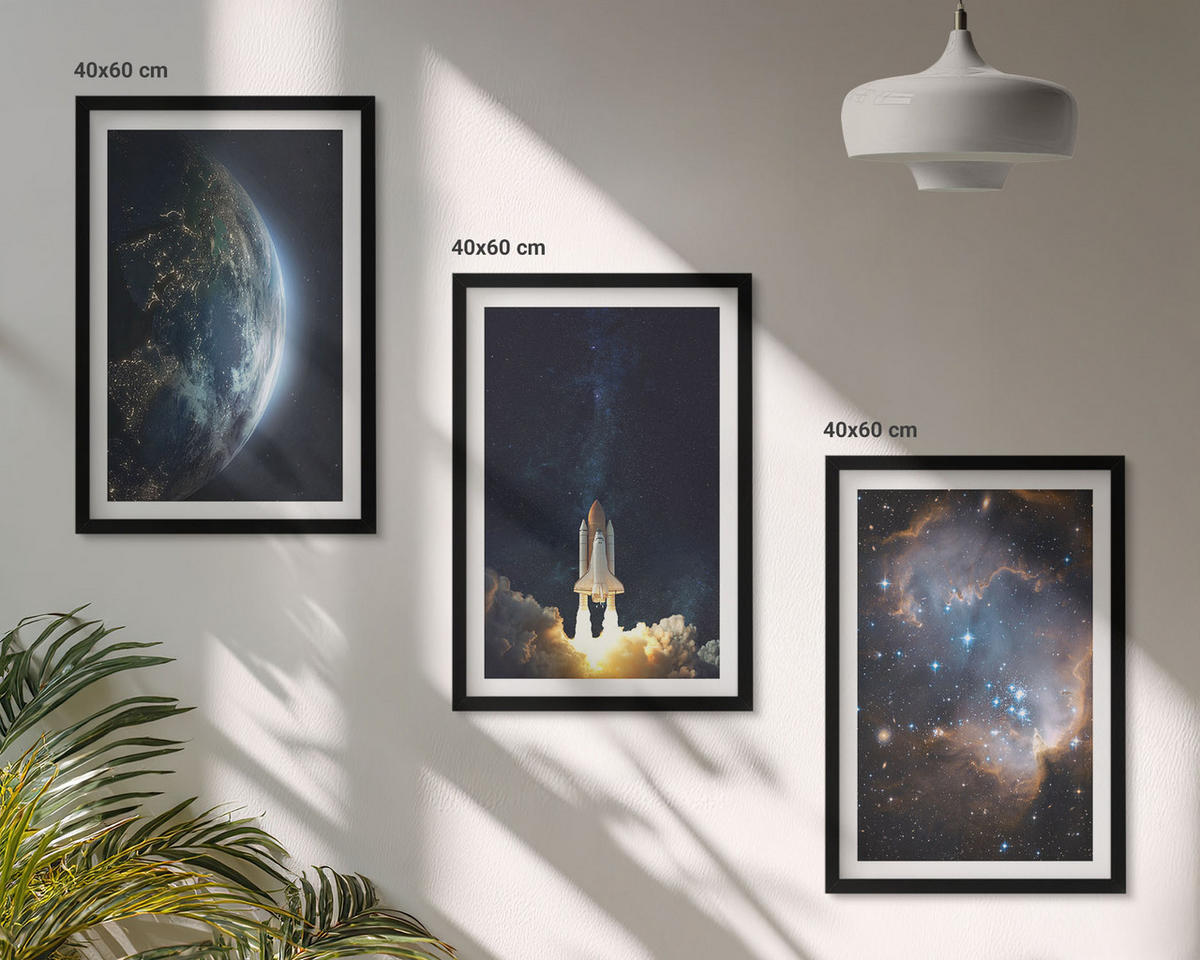 BILDER SET 3er Set - 40x60 cm Schwarzer Rahmen - Weltraum Erde Rakete Galaxie - Schwarz, Kunststoff (40/60cm) - TULUP