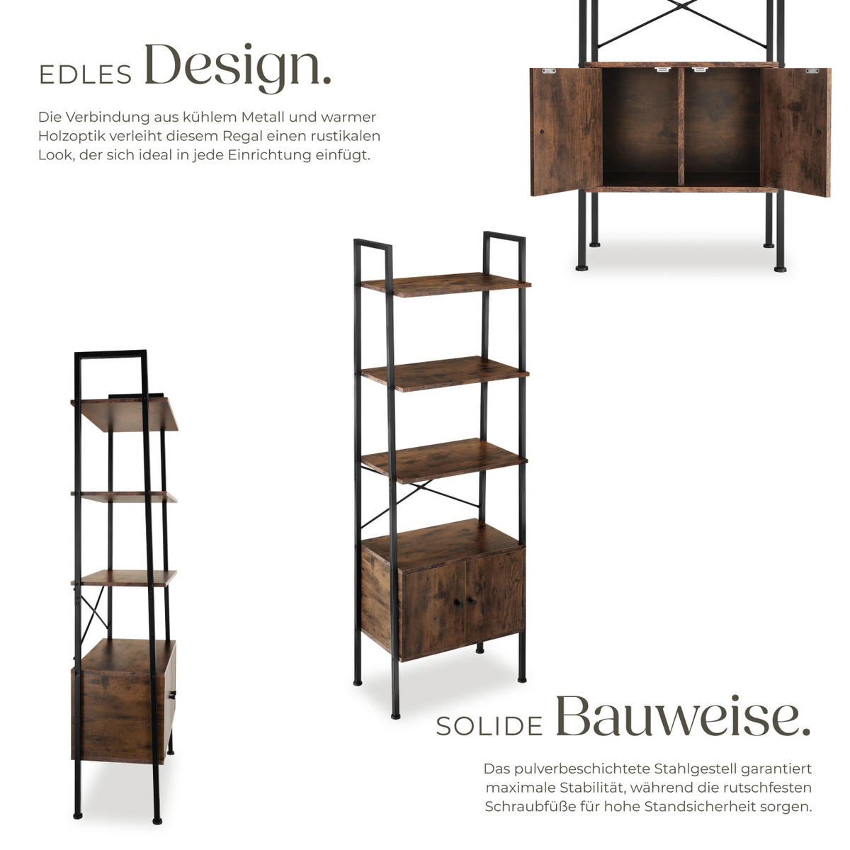 LEITERREGAL Brentwood,inklusive Kippschutz, 57,5 x 34 x 173 cm,Industrial Holz dunkel, rustikal - Rostfarben, Holzwerkstoff (34/173/57.5cm) - tectake